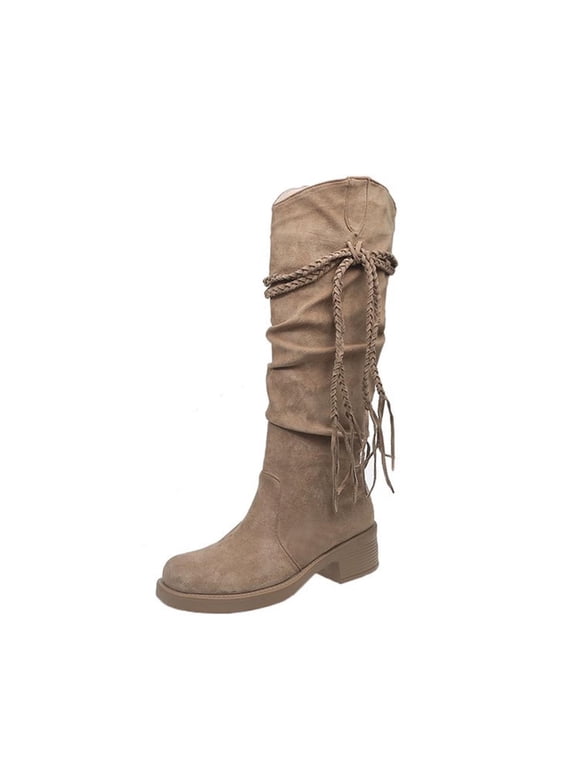 Womens Slouchy Boho Boots with Tassel Winter Fashion Knee High Boots Low Block Heel Comfortable Stretch Suede Casual Boots
