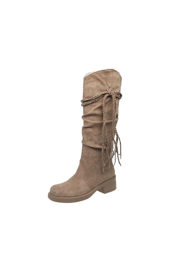 Womens Slouchy Boho Boots with Tassel Winter Fashion Knee High Boots Low Block Heel Comfortable Stretch Suede Casual Boots Khaki