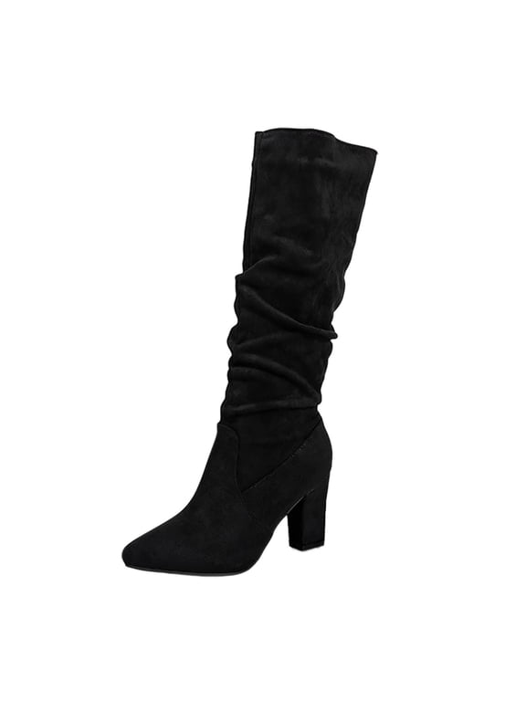 Womens Slouchy Boots Knee High Boots Round Toe Chunky Block Heel Boots for Women Casual Boho Style Winter Fashion Black