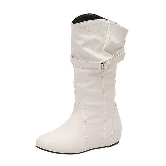 Xfvqtps Womens Slouchy Knee High Boots with Hidden Wedge Heel Buckle Strap Fashion Round Toe Faux Leather Boots for Winter White