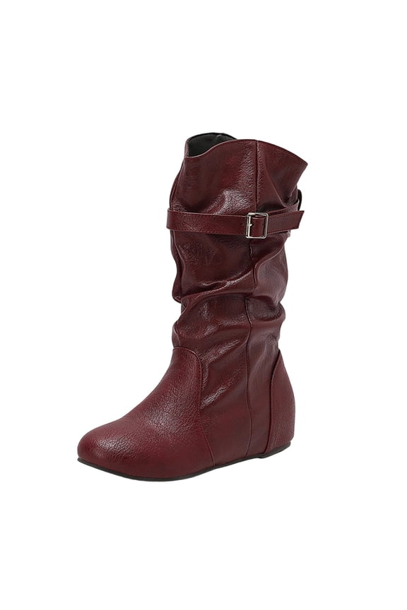 Womens Slouchy Knee High Boots with Hidden Wedge Heel Buckle Strap Fashion Round Toe Faux Leather Boots for Winter Wine