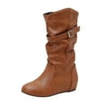 thumbnail image 1 of Xfvqtps Womens Slouchy Knee High Boots with Hidden Wedge Heel Buckle Strap Fashion Round Toe Faux Leather Boots for Winter Yellow, 1 of 9