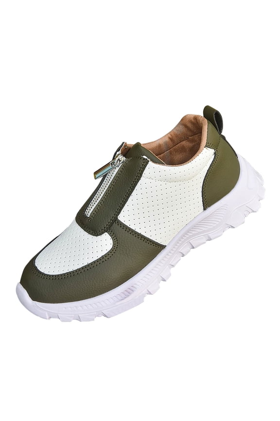 Womens Sneakers Front Zipper Casual Shoes Breathable Perforated Panels Cushioned Sole Lightweight Walking Shoes Fashion Athletic Footwear Army Green