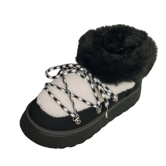 Xfvqtps Womens Snow Boots Color Block Design Adjustable Laces Faux Fur Collar Thick Sole Winter Comfort Shoes Black