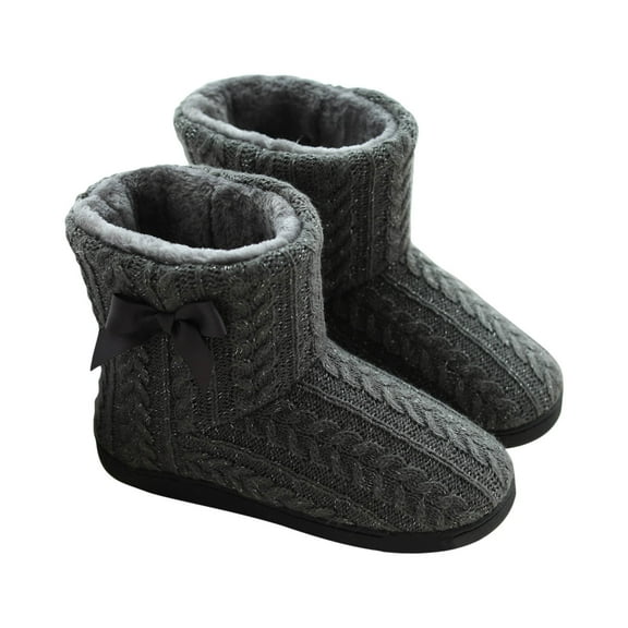 Xfvqtps Womens Snow Boots Knit Plush Fleece Line Bowknot Fluffy Comfortable Cute Warm Soft Cozy Ankle Boots Winter Slippers Home Mute Ball Interior Boots Gray