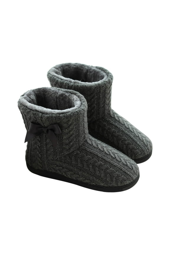 Womens Snow Boots Knit Plush Fleece Line Bowknot Fluffy Comfortable Cute Warm Soft Cozy Ankle Boots Winter Slippers Home Mute Ball Interior Boots Gray