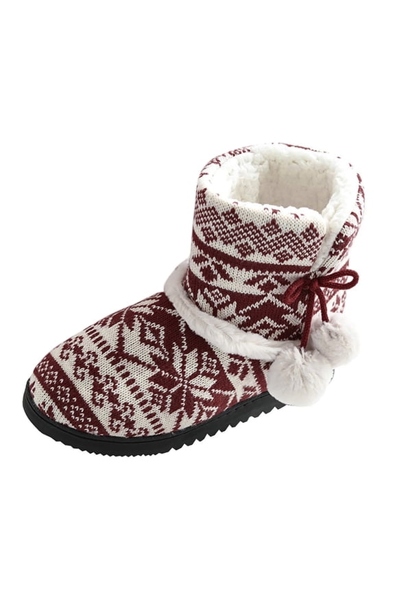 Womens Snow Boots Knit Plush Fleece Line Bowknot Pom Poms Fluffy Unique Printing Cute Warm Soft Cozy Ankle Boots Winter Slippers Home Mute Couple Hair Plush Ball Interior Boots Red