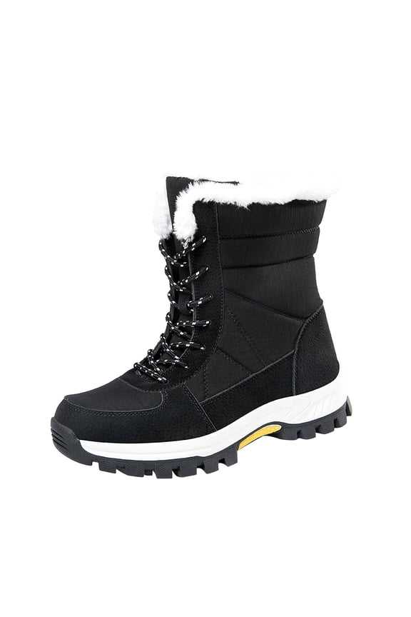 Womens Snow Boots Lace Up Plush Fleece Line Solid Color Non Slip Waterproof Climbing Travel Outdoor Mid Calf Boots Winter Thick Cotton Shoes Skiing Cold Resistance Boots Black