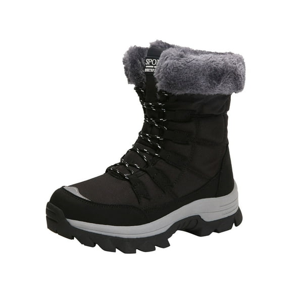 Xfvqtps Womens Snow Boots Lace Up Plush Fleece Line Solid Color Non Slip Waterproof Outdoor Climbing Travel Sport Boots Avoid Cold Outdoor Plush Thick Insulated Snow Boots Black