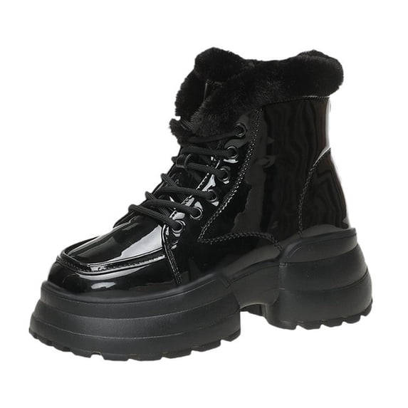 Xfvqtps Womens Snow Boots Lace Up Fur Lined Thick Bottom High Heel Warm Non Slip Winter Leather Boots Outdoor Slip On Comfortable Shoes Black