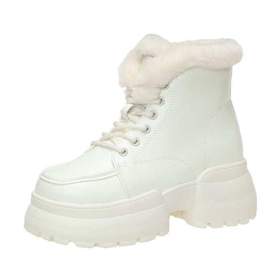 Xfvqtps Womens Snow Boots Lace Up Fur Lined Thick Bottom High Heel Warm Non Slip Winter Leather Boots Outdoor Slip On Comfortable Shoes White