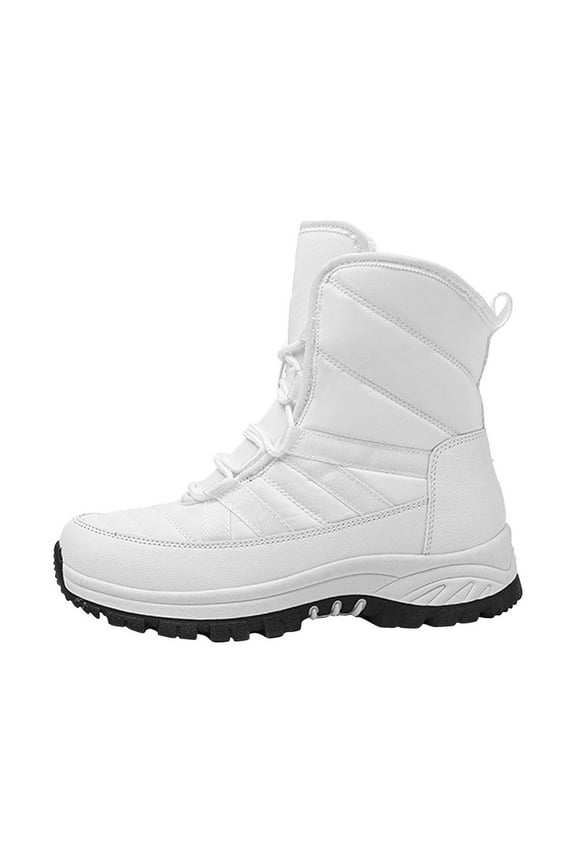 Womens Snow Boots Plush Fleece Line Lace Up Solid Color Non Slip Waterproof Climbing Travel Mid Calf Boots Integrated Cotton Winter Plush Thickened Mid Length Short Boots White