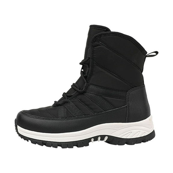Xfvqtps Womens Snow Boots Plush Fleece Line Lace Up Solid Color Non Slip Waterproof Climbing Travel Mid Calf Boots Integrated Cotton Winter Plush Thickened Mid Length Short Boots Black