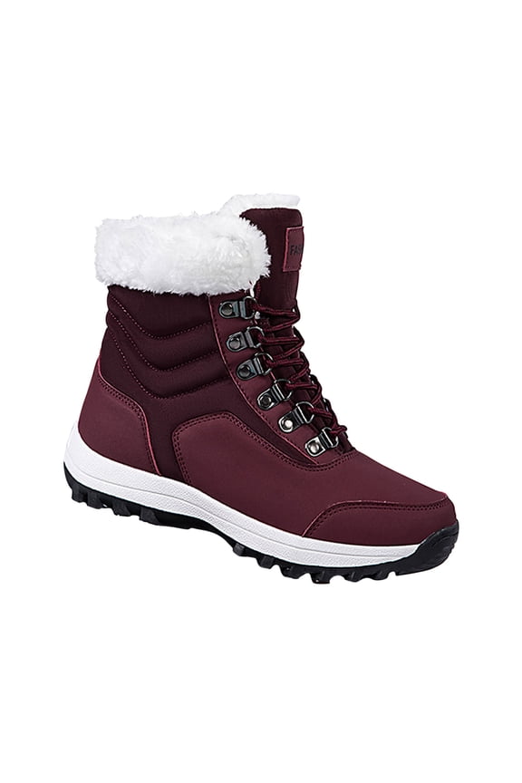Womens Snow Boots Plush Fleece Line Lace Up Solid Color Non Slip Waterproof Climbing Travel Outdoor Mid Calf Boots Winter Warm Plush Thickened Skiing Large Cotton Shoes Wine