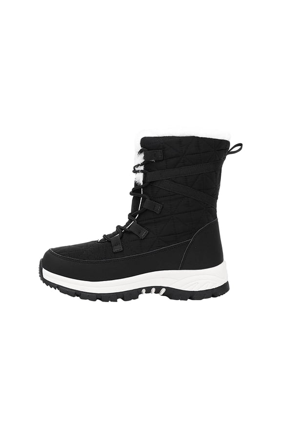 Womens Snow Boots Plush Fleece Line Lace Up Solid Color Non Slip Waterproof Climbing Travel Outdoor Oxford Cloth Boots Cotton Shoes Medium High Tube Skiing Boots Black