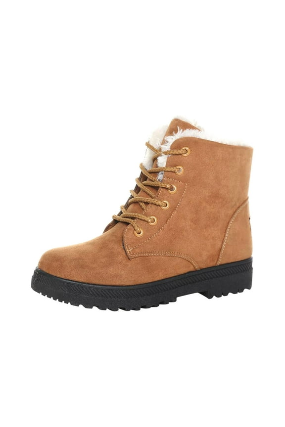 Womens Snow Boots Plush Fleece Line Suede Upper Lace Up Thick Bottom Comfortable Non Slip Winter Ankle Boots Casual Cotton Short Boots Cotton Shoes Yellow