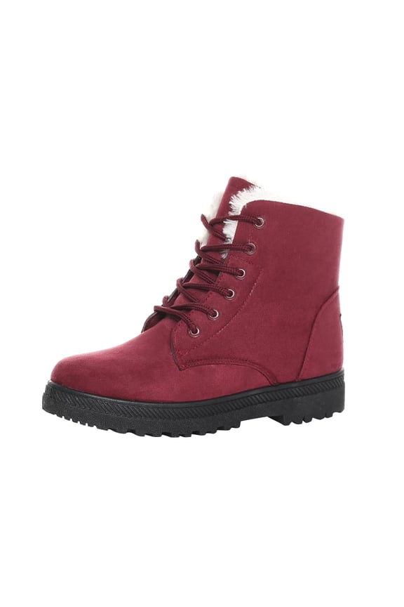 Womens Snow Boots Plush Fleece Line Suede Upper Lace Up Thick Bottom Comfortable Non Slip Winter Ankle Boots Casual Cotton Short Boots Cotton Shoes Red