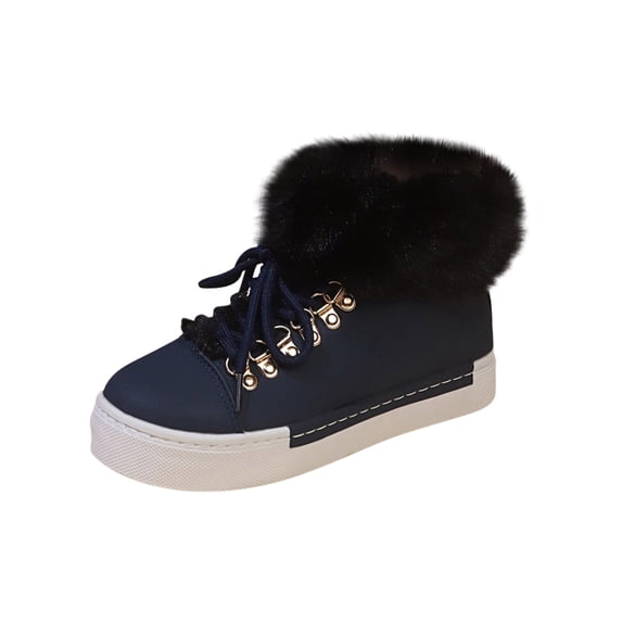 Xfvqtps Womens Snow Boots Plush Fleece Line Suede Upper Lace Up Thick Bottom Comfortable Non Slip Winter Ankle Boots Short Long Furred Flanged Plush Warm Boots Dark Blue