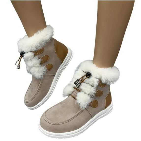 Xfvqtps Womens Snow Boots Suede Upper Adjustable Shoelaces Plush Lining Solid Color Thickened Insulated Warm Flat Thick Bottom Round Toe Soft Sole Comfortable Non Slip Winter Short Boots Beige