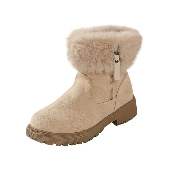 Xfvqtps Womens Snow Boots Zipper Up Plush Fleece Line Suede Upper Chunky Heel Solid Color Non Slip Winter Ankle Boots Round Toe Zipper Short Tube Plus Velvet Casual Student Cotton Shoes Beige