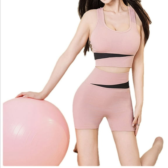 Xfvqtps Womens Sports Bras and Yoga Shorts Set Racerback Removable Chest Cushion Elastic High Impact Workout Yoga Sport Bra Pink