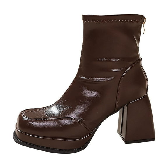 Xfvqtps Womens Square Toe Ankle Boots Chunky Block Heel Booties Back Zipper Closure Fashion Casual Shoes for Women Brown