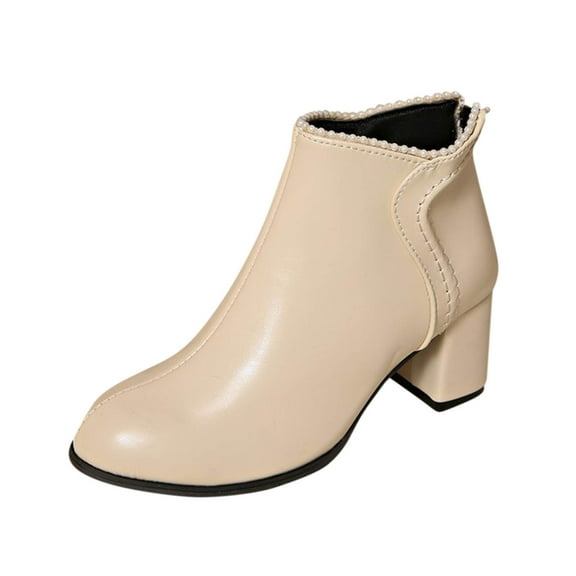 Xfvqtps Womens Square Toe Ankle Boots Chunky Block Heel Pearl Accent Fashion Booties Comfortable Casual Short Boots for Women Beige