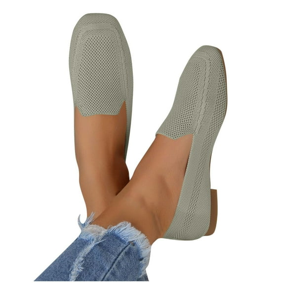 Xfvqtps Womens Square Toe Knit Flats Breathable Flying Woven Slip on Loafers Lightweight Comfortable Casual Shoes Green