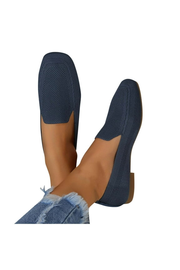 Womens Square Toe Knit Flats Breathable Flying Woven Slip on Loafers Lightweight Comfortable Casual Shoes Navy