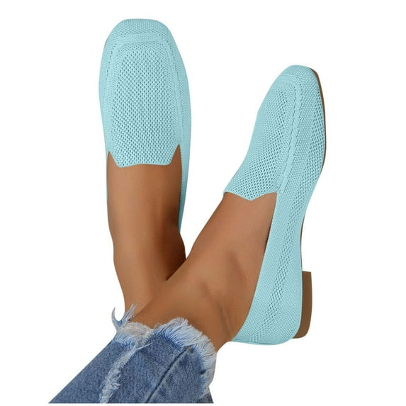 Xfvqtps Womens Square Toe Knit Flats Breathable Flying Woven Slip on Loafers Lightweight Comfortable Casual Shoes Sky Blue