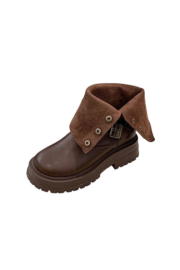 Womens Stacked Sole Boots Winter British Style Ankle Booties with Adjustable Buckle Two Way Wear Foldable Boots for Streetwear Brown
