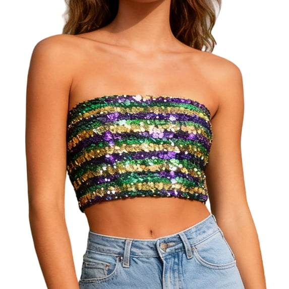 Xfvqtps Womens Strapless Tube Tops Basic Backless Sleeveless Bandeau Color Block Going out Crop Tops Carnival Christmas Sequins Tube Green