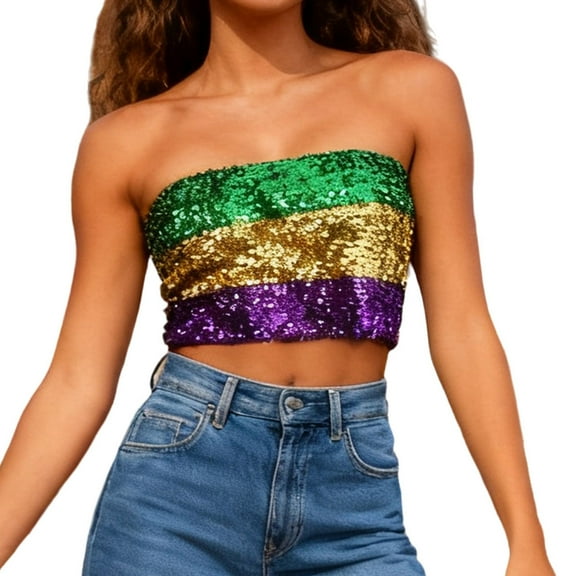 Xfvqtps Womens Strapless Tube Tops Basic Backless Sleeveless Bandeau Color Block Going out Crop Tops Carnival Christmas Sequins Tube Purple