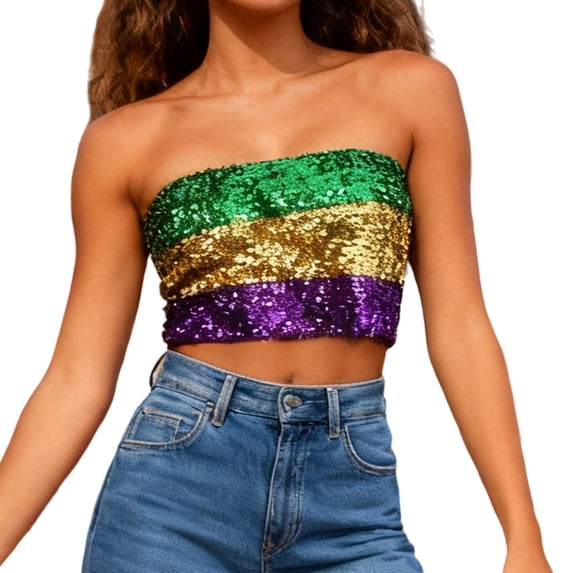 Xfvqtps Womens Strapless Tube Tops Basic Backless Sleeveless Bandeau Color Block Going out Crop Tops Carnival Christmas Sequins Tube Purple