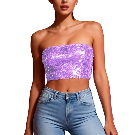 Xfvqtps Womens Strapless Tube Tops Basic Backless Sleeveless Bandeau Going out Crop Tops Carnival Christmas Sequins Tube Beige