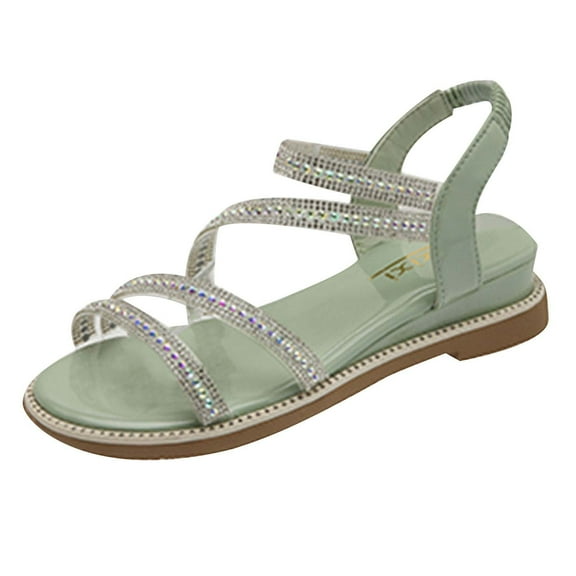 Xfvqtps Womens Strappy Sandals Wedge Rhinestone Strap Elastic Soft Sole Non Slip Comfortable Breathable Casual Summer Flatform Shoes Green