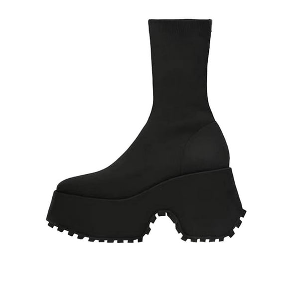Xfvqtps Womens Stretch Knit Boots Chunky Block Heel Mid Calf Fashion Slip on Winter Booties for Women Comfort Elastic Boots Casual Wear Black