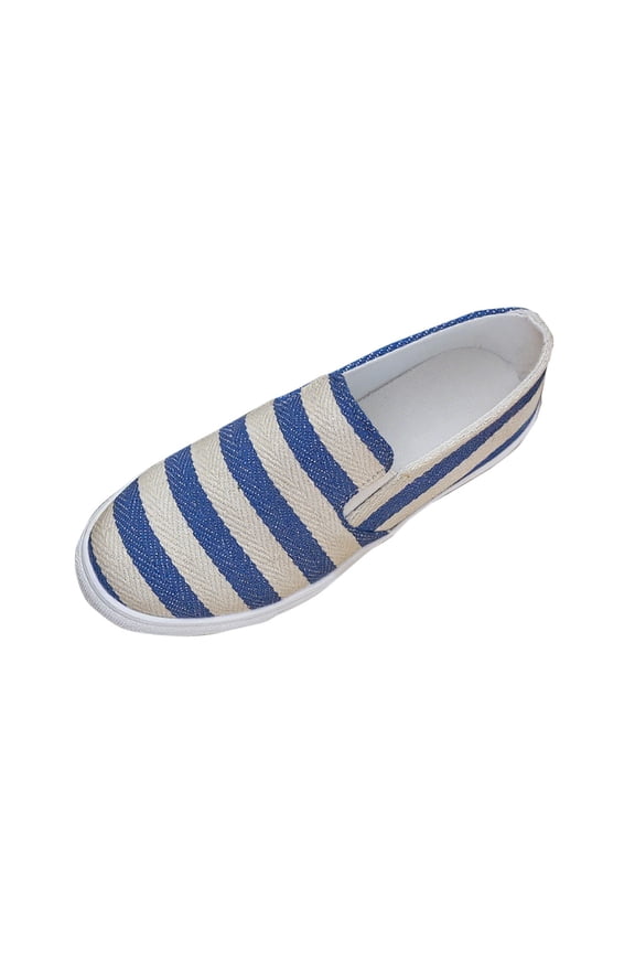 Womens Striped Canvas Flats Rhinestone Embellished Pointed Toe Quilted Insole Slip on Moccasins Casual Shoes Blue