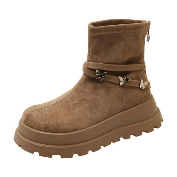Xfvqtps Womens Suede Ankle Booties Flat Flatform Sole Comfortable Casual Shoes with Side Zipper Slip on Winter Fashion Boots Khaki