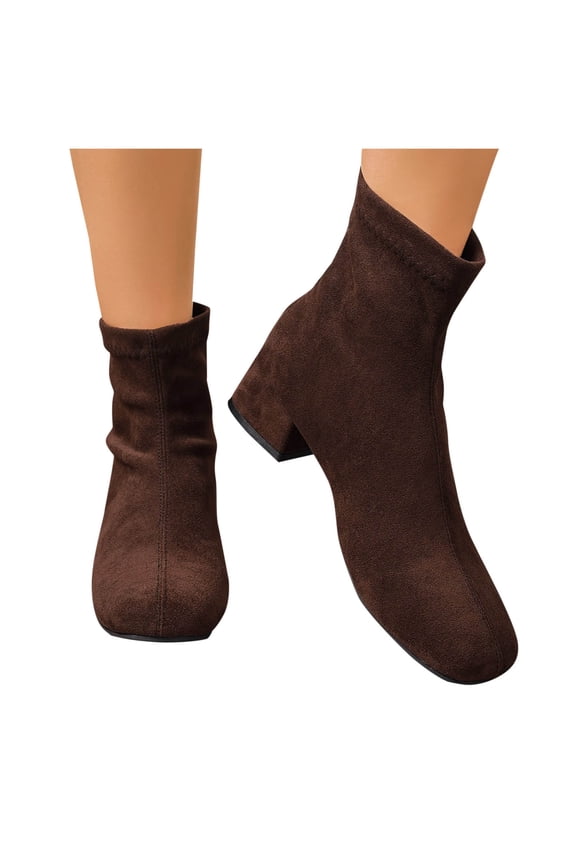Womens Suede Ankle Boots Fashion Square Toe Boots with Block Heel Back Zipper Comfortable Low Heel Boots for Fall Winter Brown