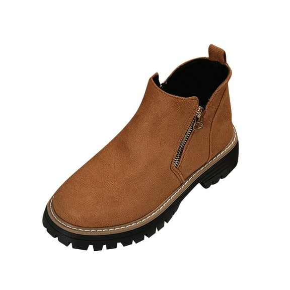 Xfvqtps Womens Suede Ankle Boots Winter Fashion Chunky Heel Booties with Double Zipper Round Toe Slip on Casual Comfort Shoes for Women Street Style Everyday Wear Boots Brown