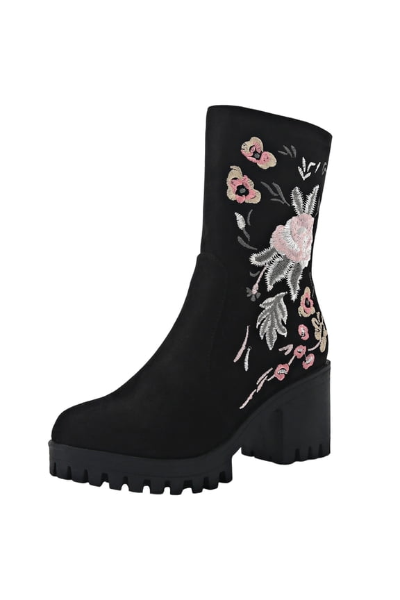 Womens Suede Ankle Boots with Floral Embroidery Winter Fashion Chunky Heel Booties Boho Side Zipper Casual Shoes Black