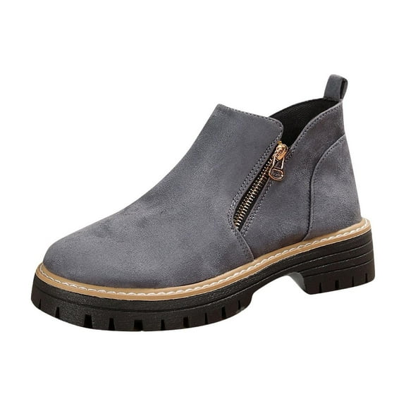 Xfvqtps Womens Suede Ankle Boots with Side Zipper Winter Casual Low Heel Booties Chunky Heel Round Toe British Style Shoes Gray