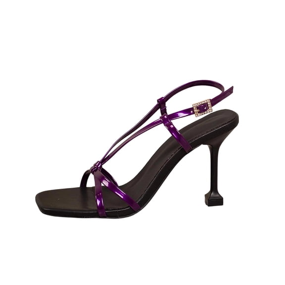 Xfvqtps Womens Summer Heels Patent Leather Ankle Strap Sandals Slide Mules Open Toe Dress Shoes Rhinestone Detail High Heels for Women Casual & Dressy