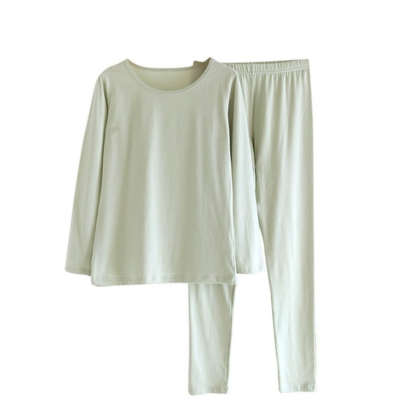 Xfvqtps Womens Thermal Underwear Set Loungewear Thin Style Pullover Long Sleeve Round Neck Solid Color Elastic Soft Comfortable Warm Spring Top and Bottom Set Green M