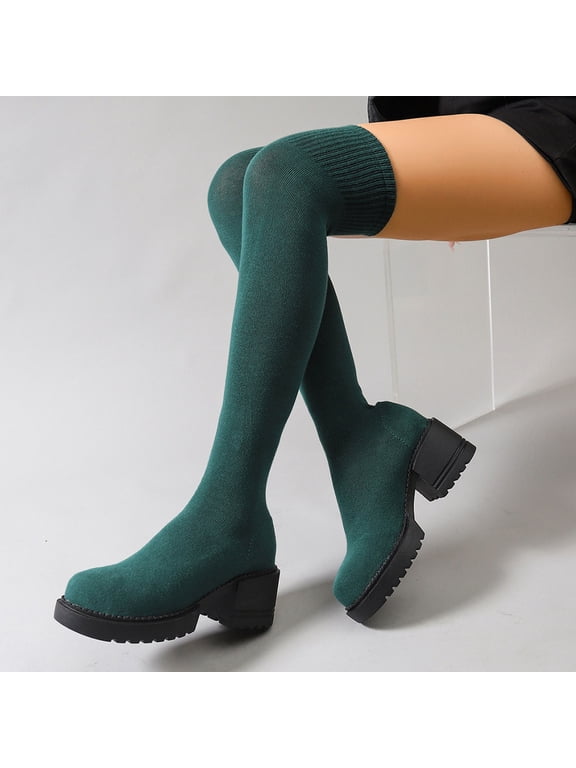 Womens Thigh High Boots Knit Mesh Pull on Stretchy Block Mid Heel over the Knee Boots