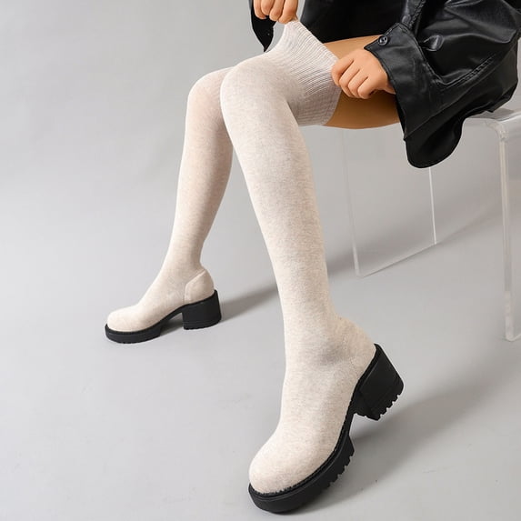 Xfvqtps Womens Thigh High Boots Knit Mesh Pull on Stretchy Block Mid Heel over the Knee Boots