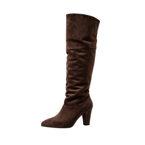 Xfvqtps Womens Thigh High Boots Pull on Tie Back Chunky High Heel Pointed Toe Suede over the Knee Boots
