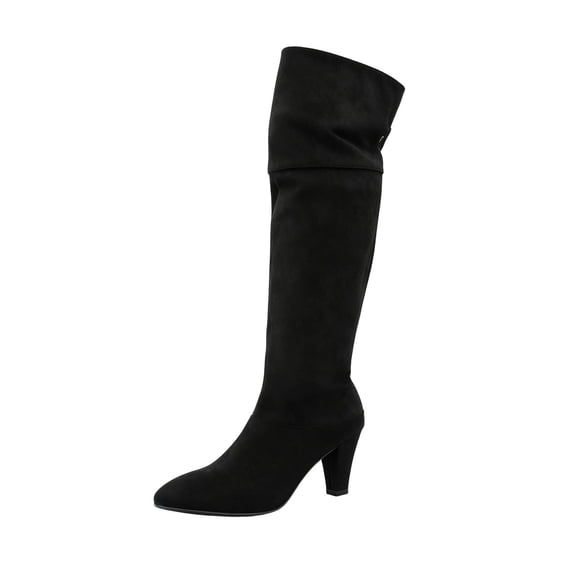 Xfvqtps Womens Thigh High Boots Pull on Tie Back Chunky High Heel Pointed Toe Suede over the Knee Boots