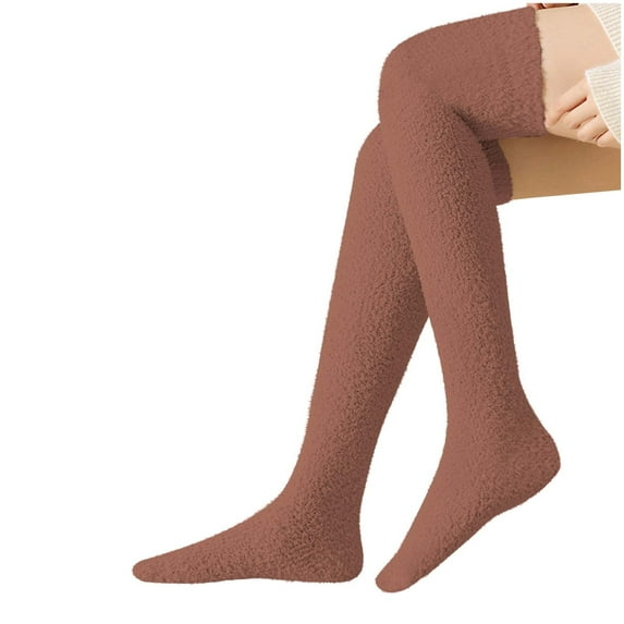 Xfvqtps Womens Thigh High Socks Coral Fleece Long Tube Solid Color Thickened Warm Winter Over Knee Socks Coffee